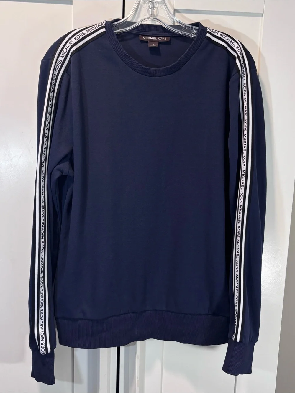 Michael Kors Womens M Navy Logo Tape Sleeve Stripe Crewneck Sweatshirt Pullover